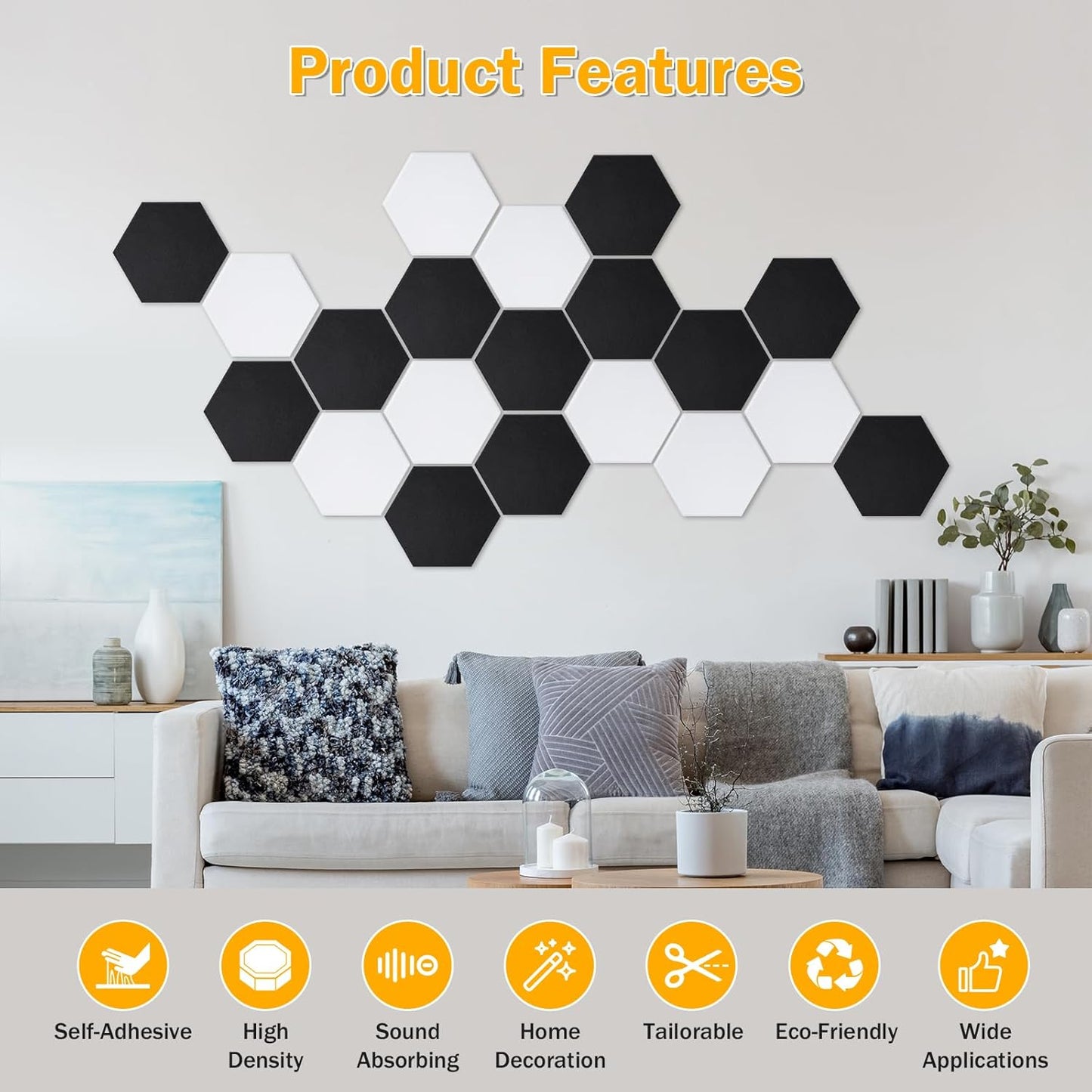 Self-Adhesive Hexagon Wall Panels 12"X10"X 0.4" High Density Acoustic Panels Sound Absorbing